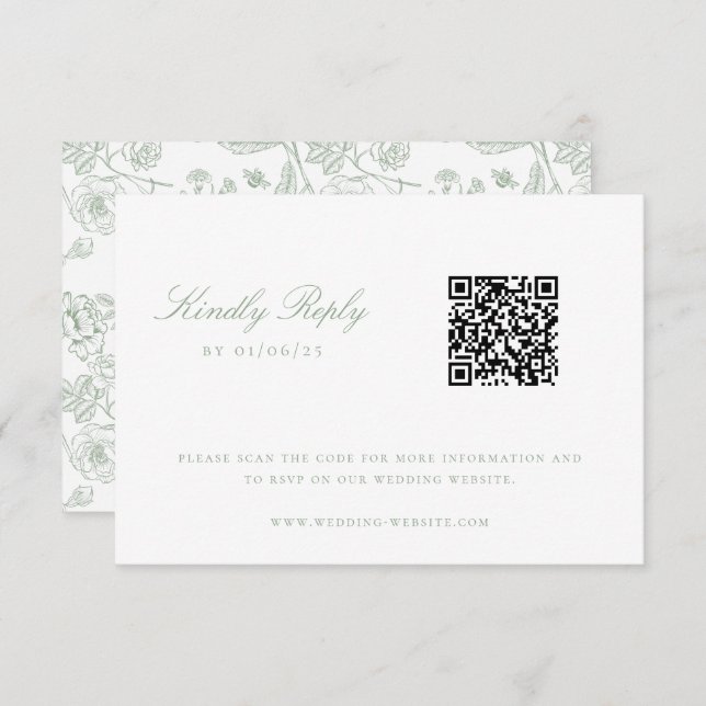 Invitation Sage Green Chinoiserie Mariage QR Code RSVP (Devant / Derrière)