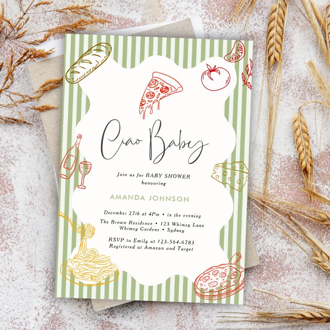 Invitation Sage Green Ciao Baby Itallian Pizza Baby Shower  (Créateur téléchargé)