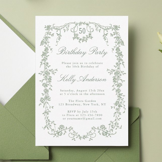 Invitation Sage Green Classic Floral 50e fête d'anniversaire (Créateur téléchargé)
