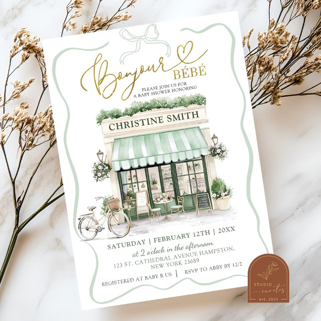 Invitation Sage Green Coquette Bow Café parisien Baby shower (Créateur téléchargé)