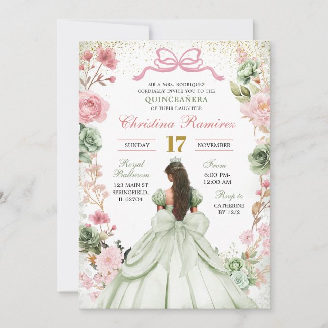 Invitation Sage Green Coquette Rose Bow Princesse Quinceanera (Devant)