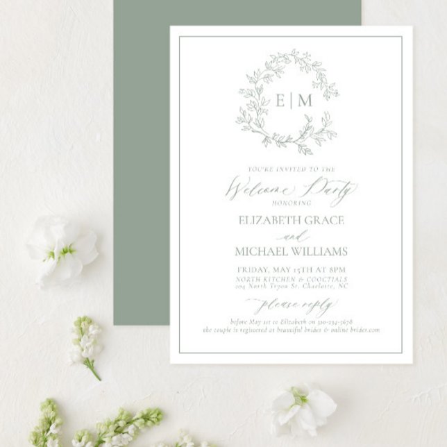 Invitation Sage Green Crest Monogramme Bienvenue Fête (Créateur téléchargé)