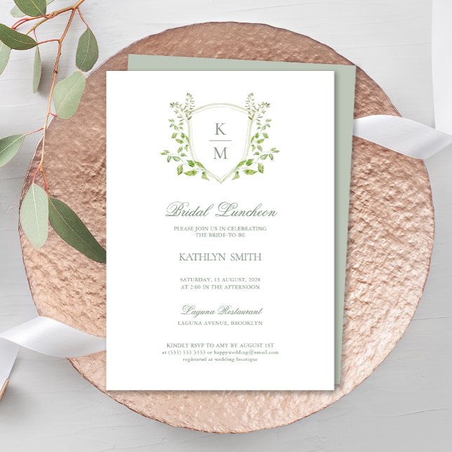 Invitation Sage Green Crest Monogramme Déjeuner nuptial moder (Créateur téléchargé)