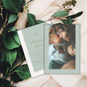 Invitation Sage Green Croix moderne Christening Photo Baptême