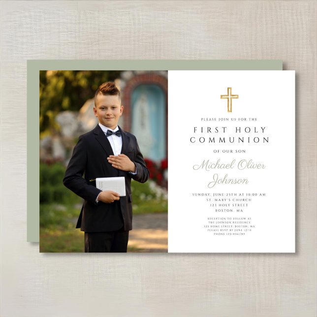 Invitation Sage Green Cross Photo Boy First Communion (Sage Green Cross Photo Boy First Communion Invitation)