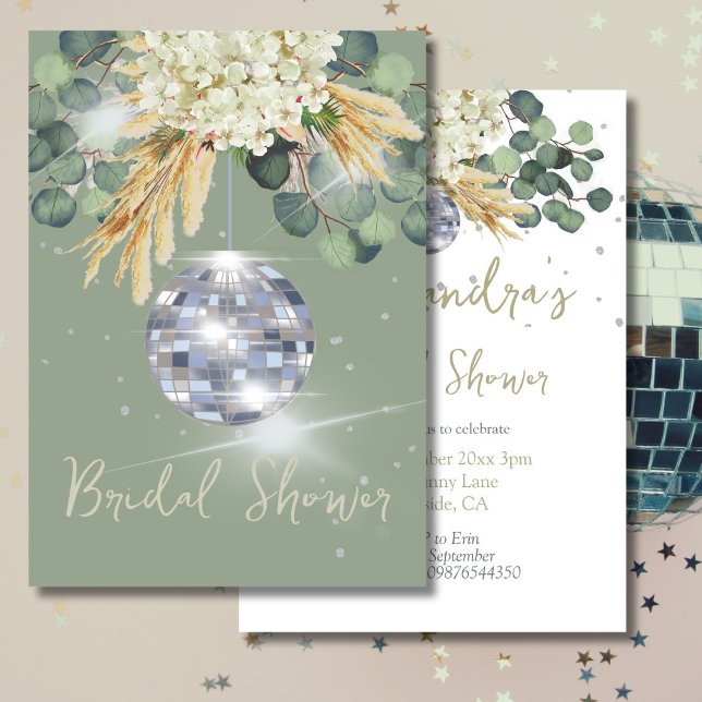 Invitation Sage Green Disco Ball Fête des mariées Florale (Créateur téléchargé)