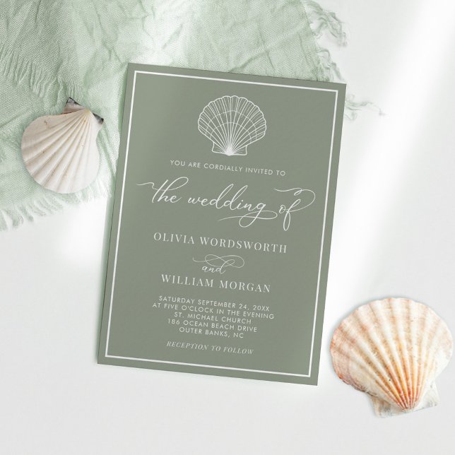 Invitation Sage Green Elegant Beach Seashell Mariage (Créateur téléchargé)