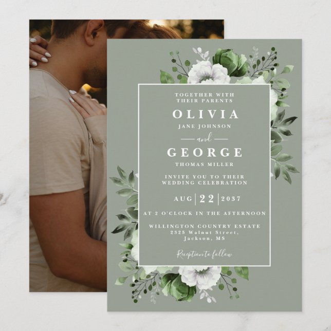 Invitation Sage Green Elegant Botanique Floral Mariage Photo (Devant / Derrière)