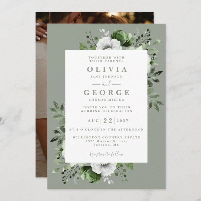 Invitation Sage Green Elegant Botanique Floral Mariage Photo (Devant / Derrière)