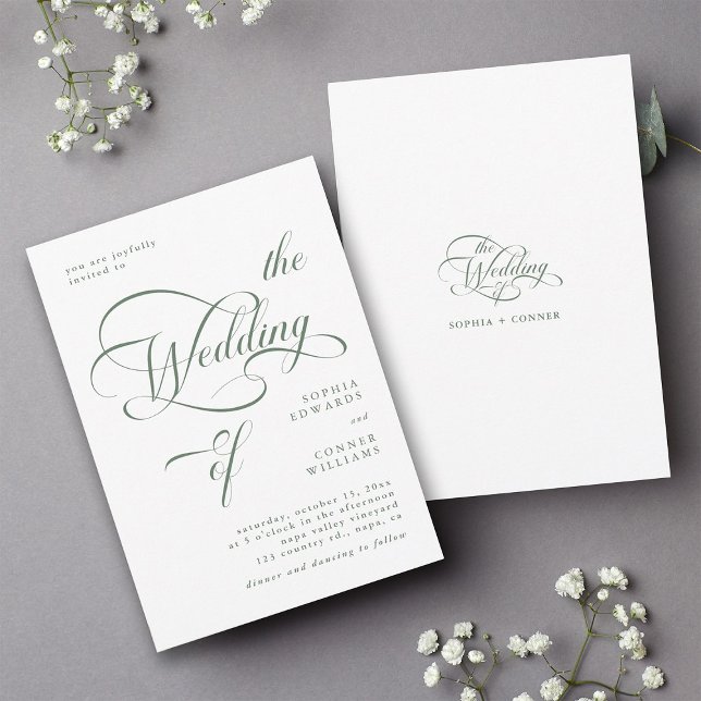 Invitation Sage Green Elegant Classy Calligraphy Mariage (Front & Back)