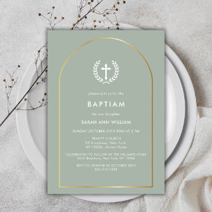 Invitation Sage Green Elegant Gold Arch Wreath Cross Baptême