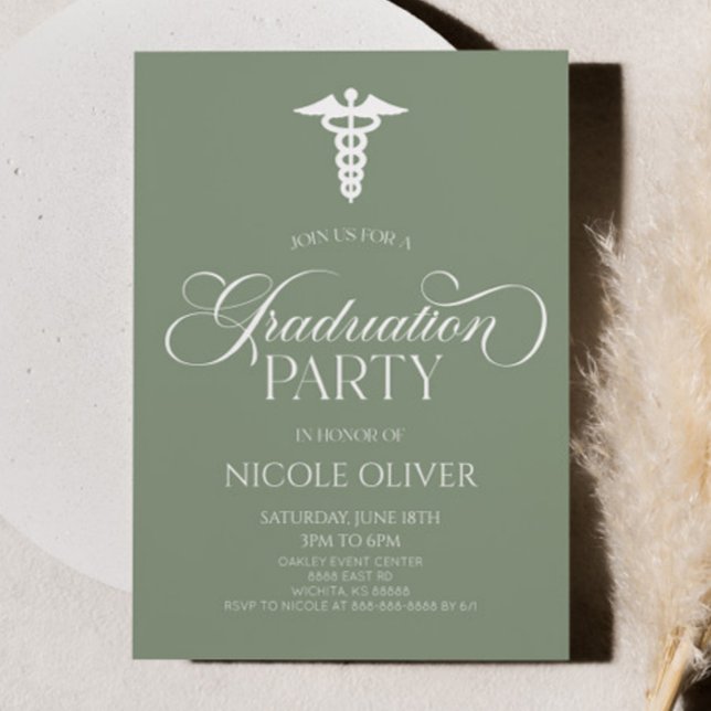 Invitation Sage Green Elegant Médicale Caduceus Graduation (Créateur téléchargé)