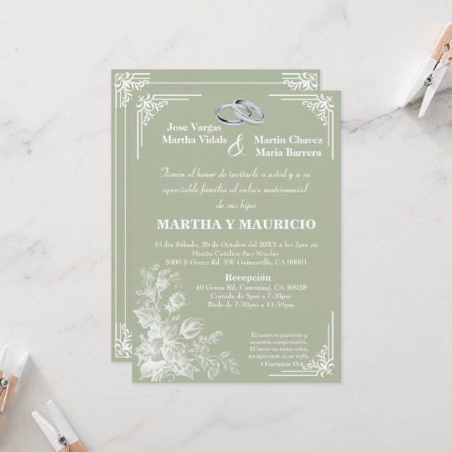 Invitation Sage Green Élégant Nuestra Boda (Devant/Arrière en situation)