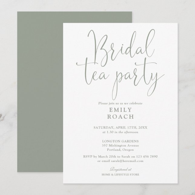 Invitation Sage Green Élégant Script Bridal Tea Party Douche (Devant / Derrière)