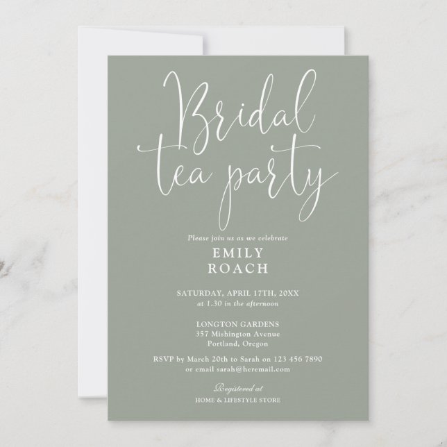 Invitation Sage Green Élégant Script Bridal Tea Party Douche (Devant)