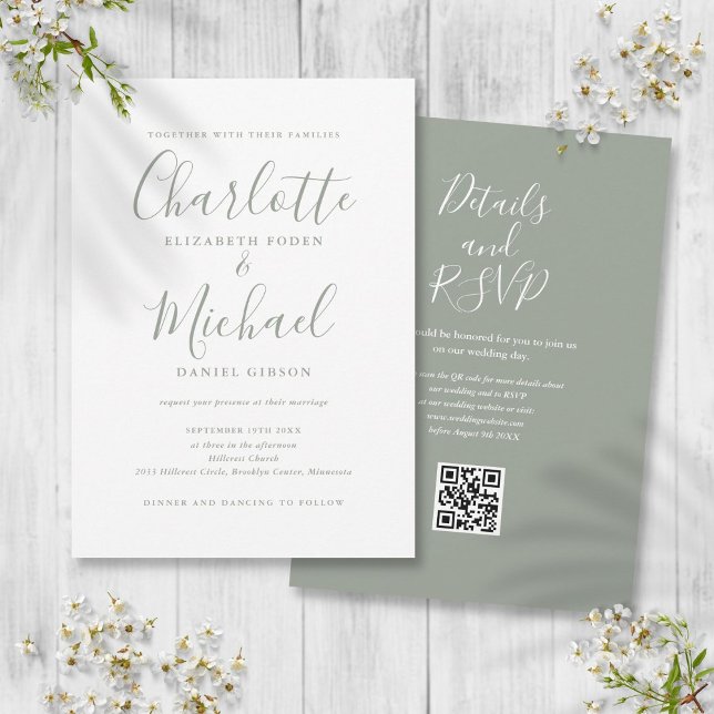 Invitation Sage Green Elegant Script QR Code Mariage (Sage Green Elegant Script QR Code Wedding Invitation)
