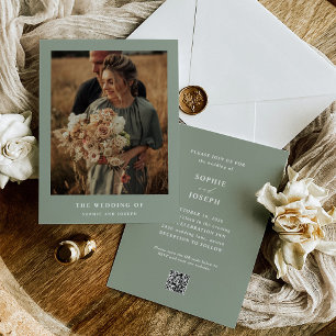 Invitation Sage Green Elegant Texte et Photo QR Code Mariage