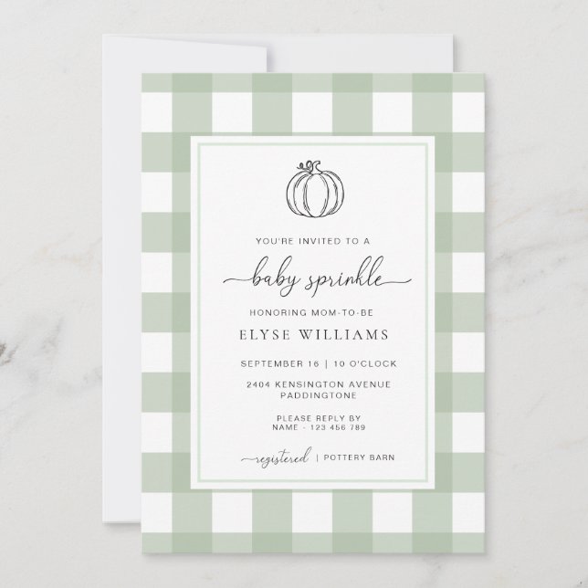 Invitation Sage Green En vichy Citrouille Bébé Sprinkle (Devant)