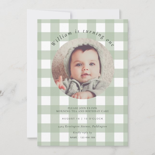 Invitation Sage Green En vichy photo Anniversaire (Devant)
