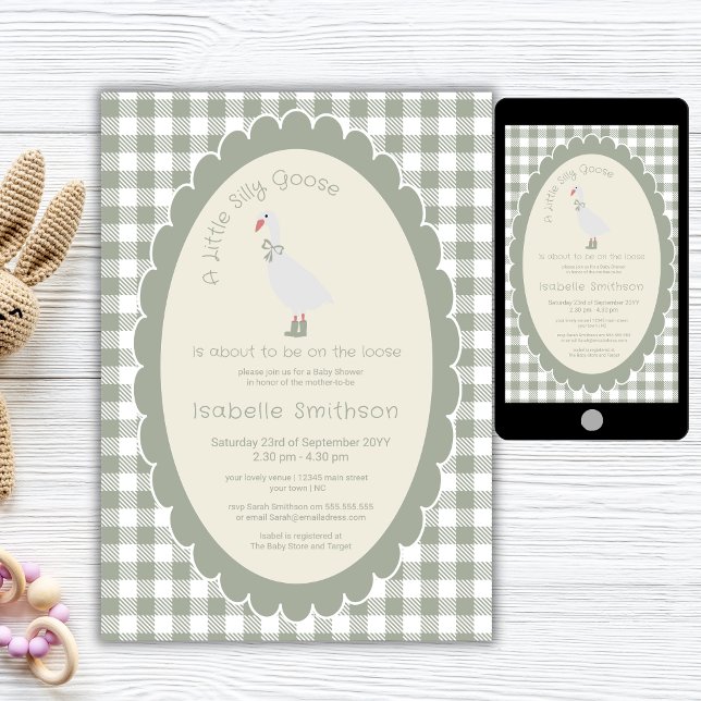 Invitation Sage Green En vichy Silly Goose Baby shower (Créateur téléchargé)