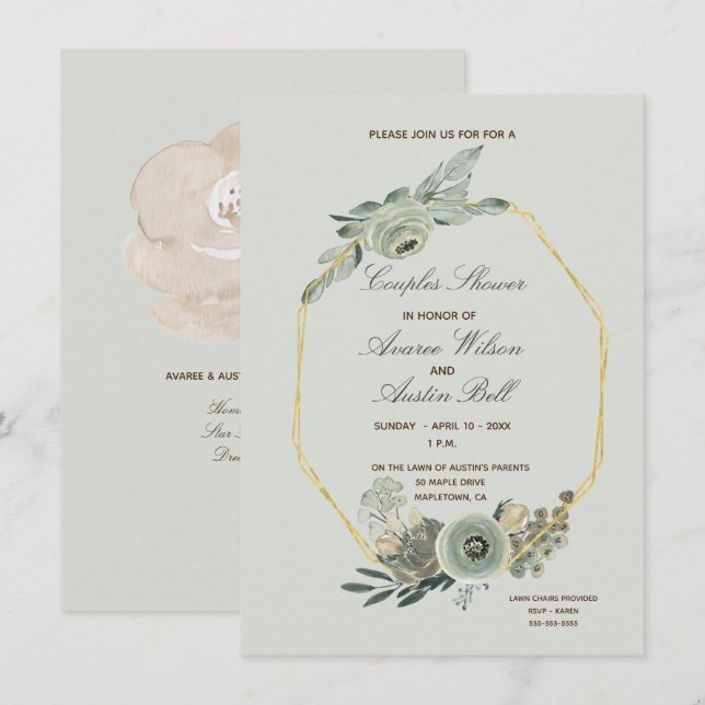 Invitation Sage Green et Couples Brown Wedding shower (Devant / Derrière)