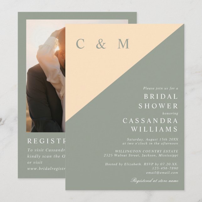 Invitation Sage Green Et Crème Photo QR Code Fête des mariées (Devant / Derrière)