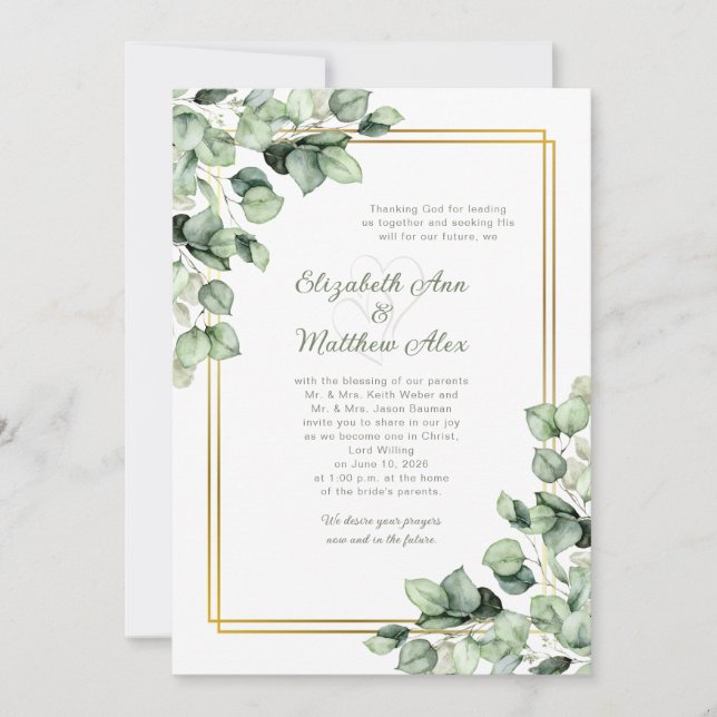 Invitation Sage Green Eucalyptus Greenery Gold Frame Wedding (Devant)