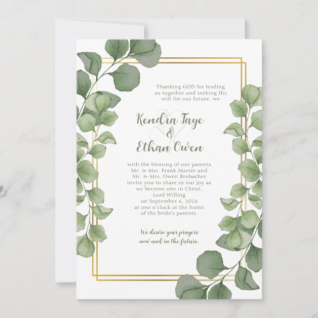 Invitation Sage Green Eucalyptus Leaves Gold Frame Wedding (Devant)
