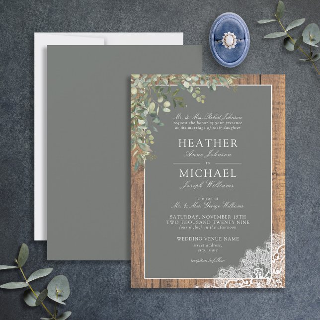 Invitation Sage Green Eucalyptus Wood Lace Script Mariage Inv (Créateur téléchargé)