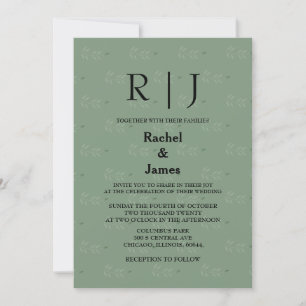 Invitation Sage Green Feuille QR Code Cool Monogrammes Mariag