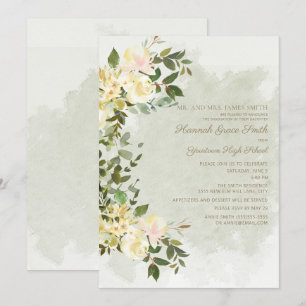 Invitation Sage Green Feuille White Floral Graduation Party