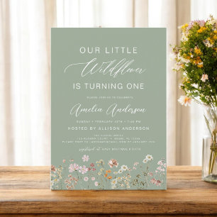 Invitation Sage Green Fleur sauvage Boho 1er anniversaire