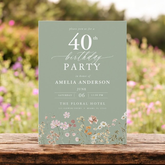 Invitation Sage Green Fleur sauvage Floral 40e anniversaire (Créateur téléchargé)