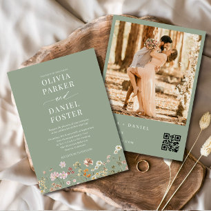 Invitation Sage Green Fleur sauvage QR Code Photo Boho Mariag