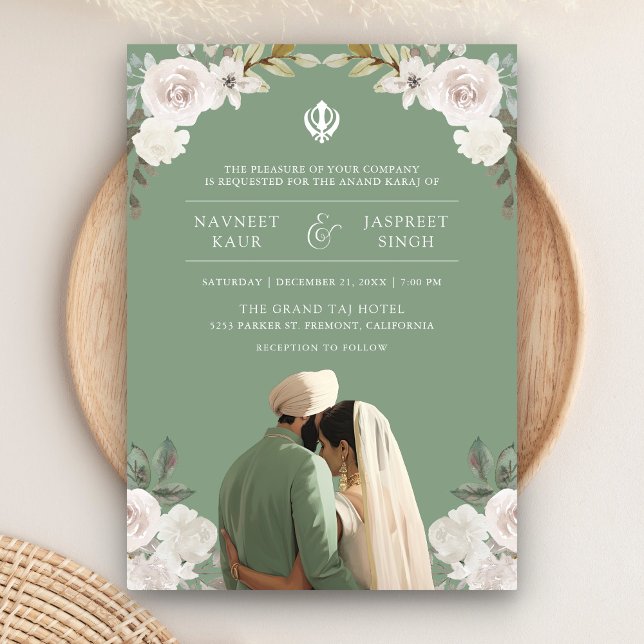 Invitation Sage Green Floral Anand Karaj Indian Sikh Mariage (Créateur téléchargé)