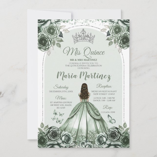 Invitation Sage Green Floral Argent Couronne Princesse Mis Qu (Devant)
