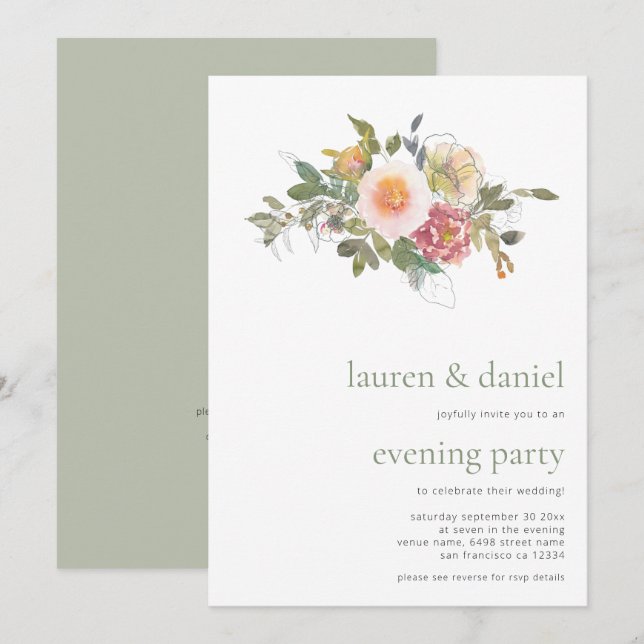 Invitation Sage Green Floral Bouquet QR Soirée Mariage (Devant / Derrière)