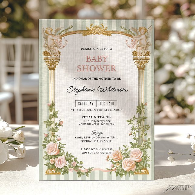 Invitation Sage Green Floral Cherub Baby Shower  (Créateur téléchargé)