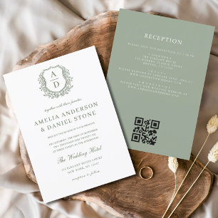 Invitation Sage Green Floral Crest Monogramme Mariage QR Code