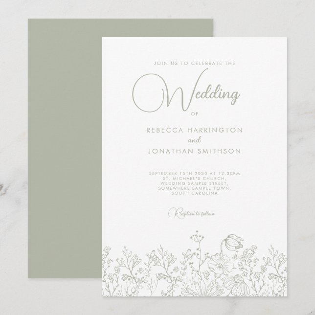 Invitation Sage Green Floral Élégant Fleur sauvage Mariage (Devant / Derrière)