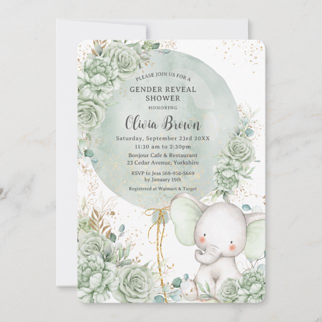 Invitation Sage Green Floral Elephant Neutre Genre Révélation (Devant)