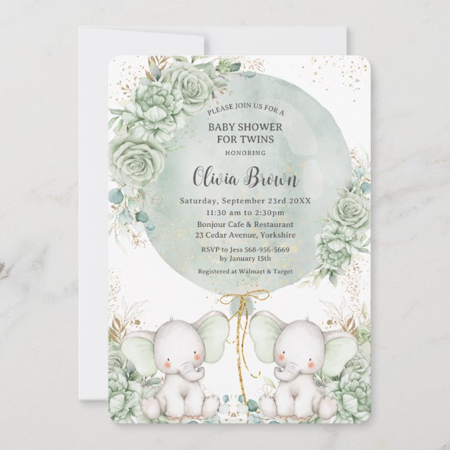 Invitation Sage Green Floral Elephants Jumeaux Baby shower (Devant)