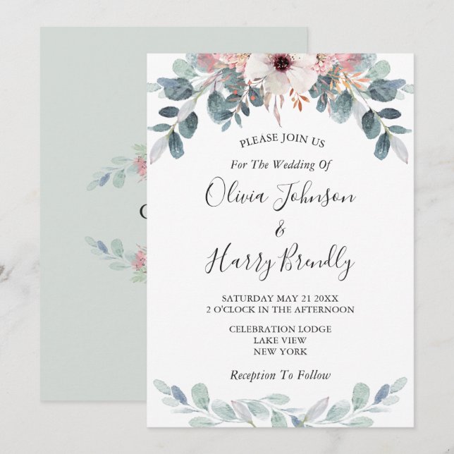 Invitation Sage Green Floral Eucalyptus Mariage I (Devant / Derrière)