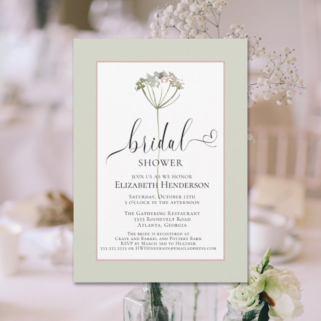 Invitation Sage Green Floral Heart Fête des mariées Script (Créateur téléchargé)