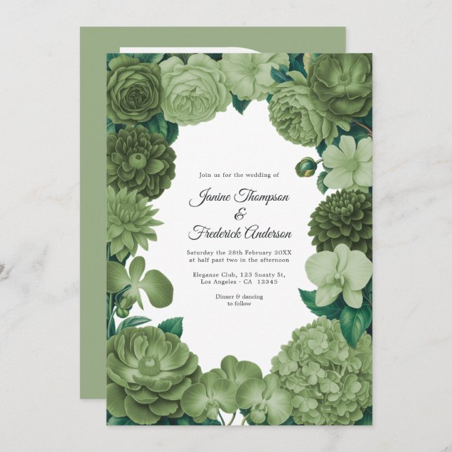 Invitation Sage Green Floral Photo and QR Code Wedding (Devant / Derrière)