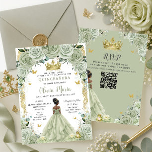 Invitation Sage Green Floral Princesse et Grenouille Quinceañ