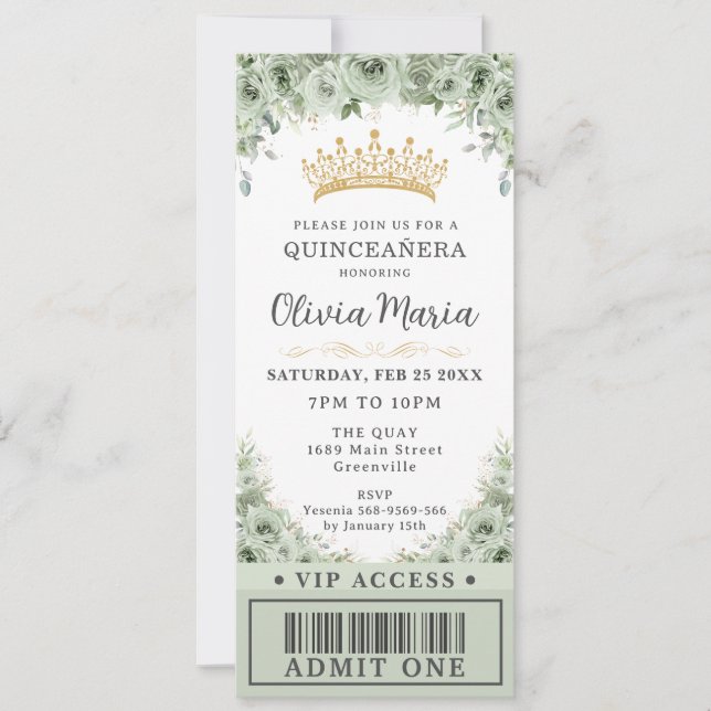 Invitation Sage Green Floral Rose Gold Quinceañera VIP Ticket (Devant)