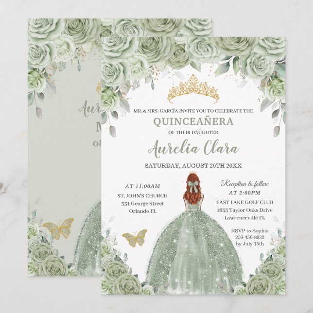 Invitation Sage Green Floral Rose Red Hair Girl Quinceañera (Devant / Derrière)