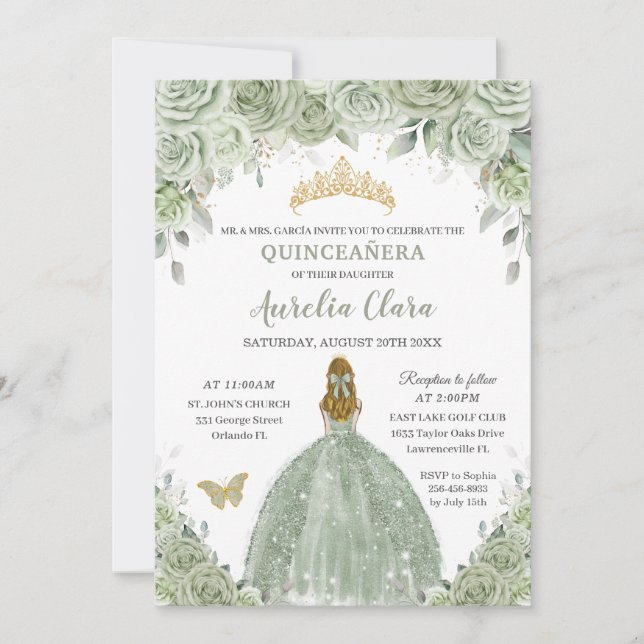 Invitation Sage Green Floral Roses Blonde Girl Quinceañera (Devant)