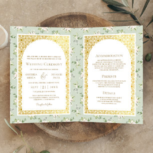 Invitation Sage Green Floral tout en un Mariage Indien d'or